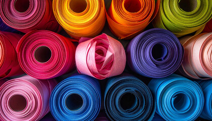 A vibrant close-up of numerous colorful rolls of fabric, creating a rich texture and dynamic pattern, ideal for craft, fashion, and design projects