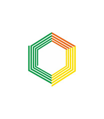 Abstract geometric hexagon with layered colors on black background