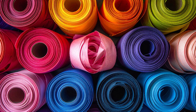 A vibrant close-up of numerous colorful rolls of fabric, creating a rich texture and dynamic pattern, ideal for craft, fashion, and design projects