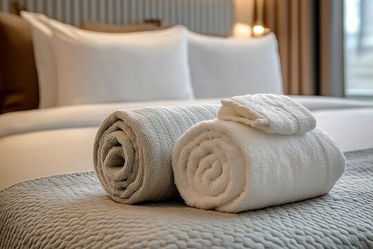 Rolled white and beige towels on a quilted bed runner in a softly lit bedroom with plump pillows and warm ambient lighting, evoking calm, cozy comfort