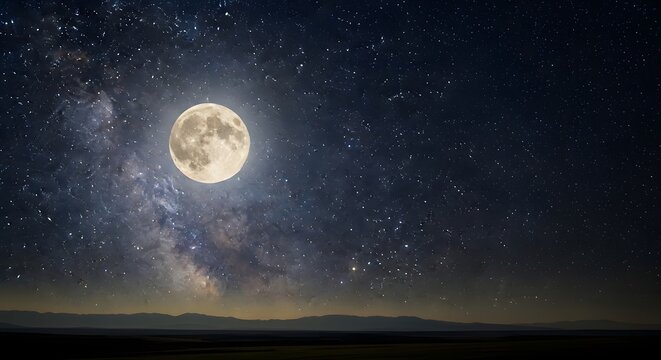 Beautiful night sky full moon stars milky way above mountain silhouette horizon