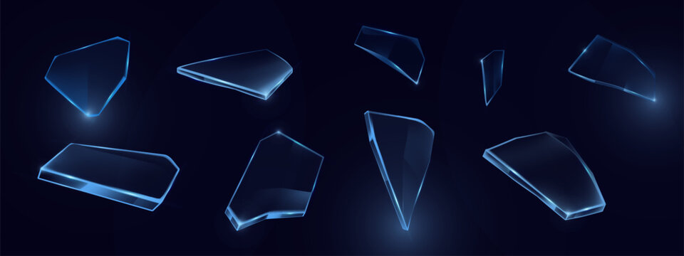 Realistic set of broken glass pieces isolated on black background. Vector illustration of transparent plastic shards, shattered ice crystals of different abstract shape, destroyed window fragments