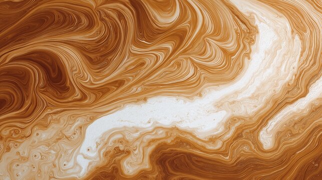 Abstract Swirling Background of Milk and Coffee Mixing Together Creating Elegant Fluid Marbling Patterns with Rich Brown Tones and White Foam Texture for Beverage Design Concept