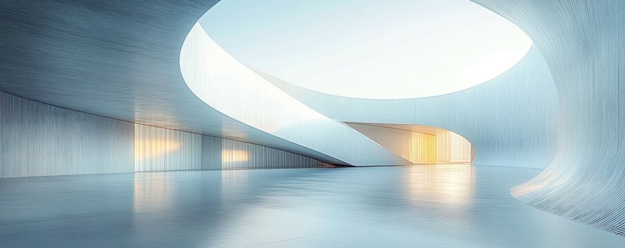 Minimalist futuristic interior with sweeping curved walls and spiral ramp beneath an oval skylight, reflective floor and warm glowing passage evoking calm and serenity
