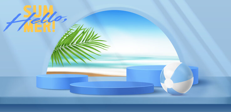 Summer beach podium with palm tree and ocean view, realistic vector background. 3D product display platform with sandy shore. Tropical vacation scene with blue sky for summer cosmetic presentations.