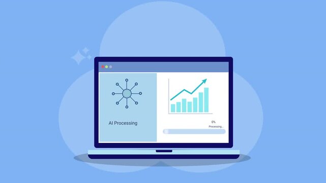 Animated laptop presenting business analytics dashboard with network nodes and upward chart. Concept of data connectivity, KPI tracking, financial growth, and corporate digital reporting.