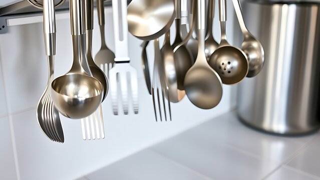 clatter. Stainless steel kitchen utensils falling with metallic reflections and motion trails. menu design, packaging mockups, designed for food delivery and cloud-kitchen brand materials.