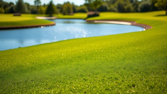 oligarchy. A golf course with manicured grass and water hazards under a sunny sky. event key visuals, club posters, designed for sports event promotions and stadium branding, drives event promotion.
