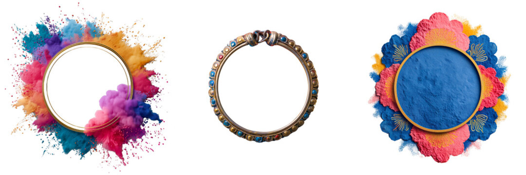Set of colorful Holi powder circles with gold bangles isolated on transparent background