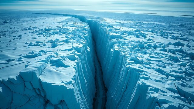 monopole. A vast glacier with a deep, dark crevasse splitting its surface, cold blue and white tones. travel magazines, destination branding, designed for outdoor magazines and nature guides.