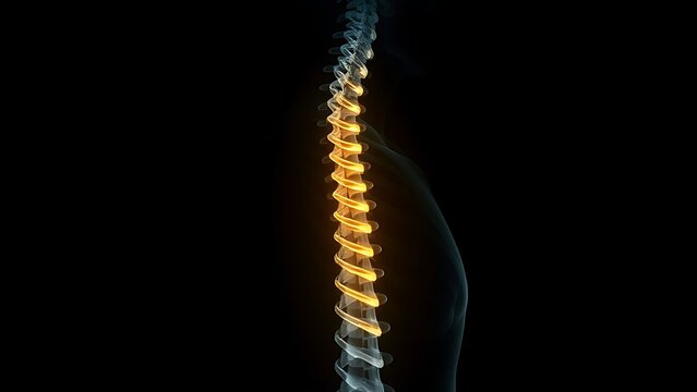 culpability. X-ray silhouette of a human spine with a subtle golden coil ascending within the vertebrae. STEM education sheets, lab safety posters, designed for biotech research communications.
