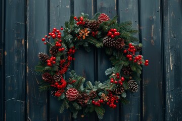 Christmas wreath with red berries, pine cones, and fir branches hanging on a dark wooden door, creating festive holiday atmosphere