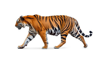 Fototapeta premium Side view of a majestic Bengal tiger walking gracefully on a white background