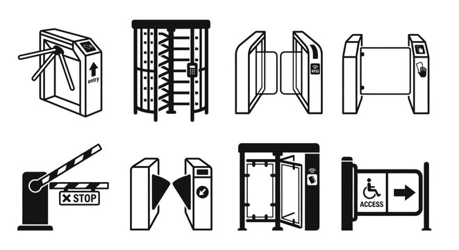 Variety of turnstile and barrier gate designs in black and white