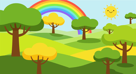 Fototapeta premium A vibrant rainbow arches over a serene landscape with trees, pathway, and sunny sky, viewed from a distance.