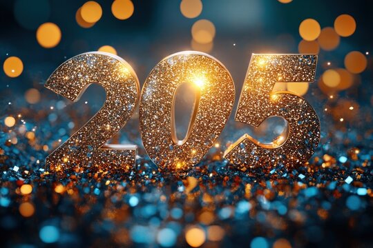 sparkling gold numerals 205 standing on a glittering surface with warm bokeh lights, creating a festive glamorous celebratory atmosphere