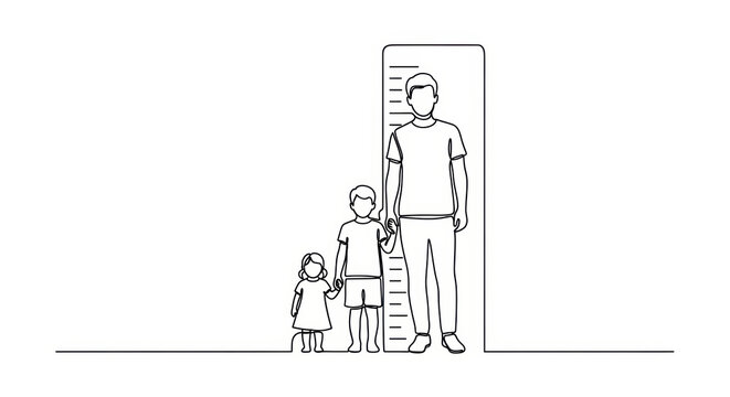 Family height comparison with a measuring ruler | Continuous line drawing