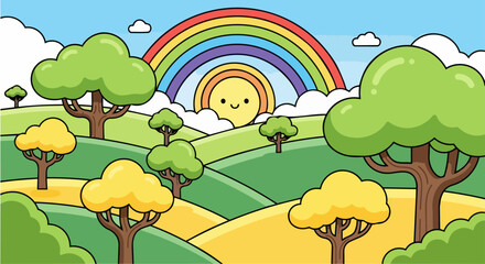 Fototapeta premium A vibrant cartoon landscape with trees and a rainbow arching over a smiling sun in a bright blue sky