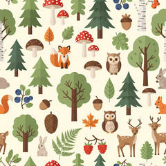 Fototapeta premium Enchanting Forest Friends Seamless Pattern 1.