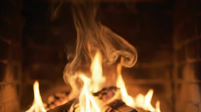 Flames dance and flicker above logs in a cozy fireplace, with smoke rising and glowing embers creating a warm atmosphere in a rustic brick setting