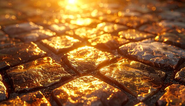 Close-up of a cobblestone surface bathed in golden sunlight, creating a warm, textured scene with blurred background
