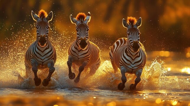 Three zebras charging through shallow water at golden sunset, splashing and radiating exhilaration