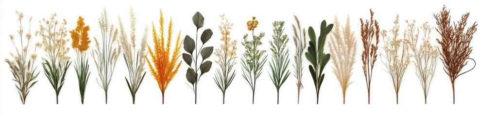 Fototapeta premium row of dried grasses, wildflowers, seed heads and eucalyptus-like leaves on white background conveying calm rustic autumn warmth