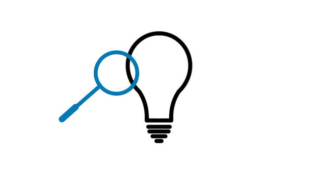 Find solution icon with light bulb and magnifying glass. Symbol of idea, problem solving, research, innovation, and strategy concept illustration