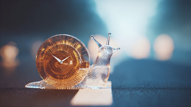 Glass snail with a clock face in an abstract light environment. A symbol of time and the price of procrastination