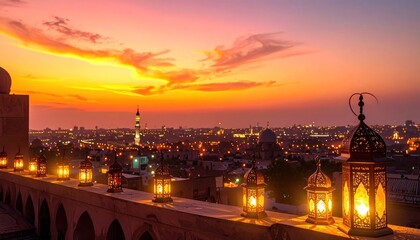 Obraz premium Enchanting Ramadan Evening - Lanterns Glow Against a Vibrant Sunset Skyline.