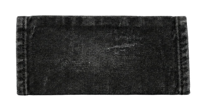 Rectangular dark wash denim fabric patch on transparent background