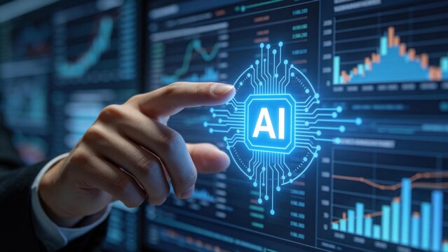 Hand pointing at AI chip interface on financial dashboard,artificial intelligence analytics,big data management and fintech innovation technology
