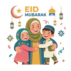 Fototapeta premium Happy Muslim Family Hugging Warmly For Eid