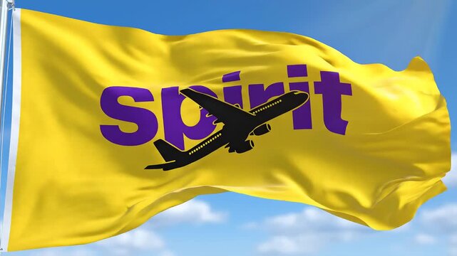 Spirit Airlines yellow flag waving in the wind with airplane logo against a blue sky with clouds representing travel and aviation.