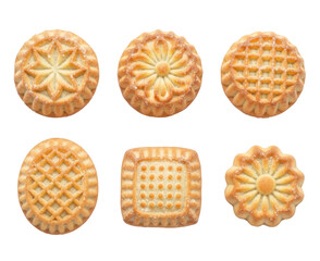 Three golden, patterned cookies are arranged on a png transparent. The cookies exhibit various decorative designs, including a star, a flower, a grid, and a square pattern.