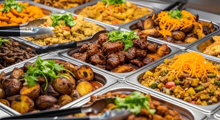 Obraz premium A variety of delicious foods served in metal trays at a buffet