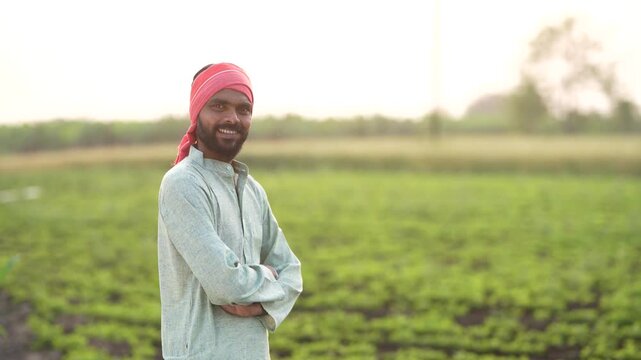 happy young indian farmer standing at green groundnut or  peanut agriculture farm	