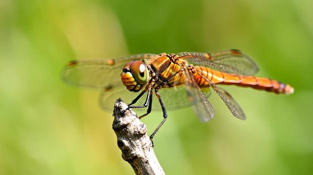 Closeup macro shot of a vibrant orange dragonfly perched on a dry twig with a soft green blurred background in natural sunlight showcasing intricate details of its wings and body.