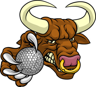 A bull or Minotaur monster longhorn cow angry mean golf mascot cartoon character. 