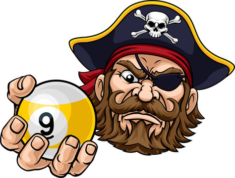 Pirate nine ball pool billiards sports mascot holding a 9 ball cartoon illustration