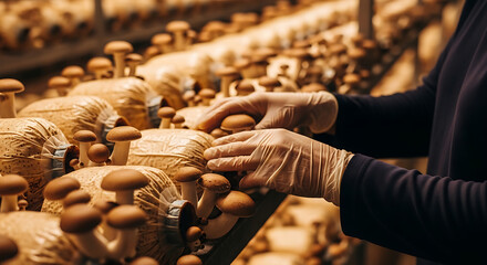 Obraz premium Hands in gloves harvesting mushrooms in a dense indoor farm with rows of cultivated fungi from a close-up viewpoint.