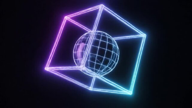 Abstract glowing neon cube frame surrounding a wireframe sphere with grid lines in a dark futuristic digital space with vibrant purple and blue lights.