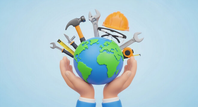 Hands holding globe with construction tools symbolizing global development and environmental protection efforts worldwide