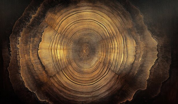 golden cross-section of a tree trunk showing concentric growth rings, textured wood grain and dark outer bark, evoking age, warmth and quiet timelessness