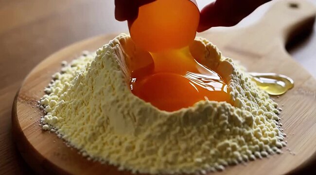 Heap of egg powder on wooden plate with eggshell