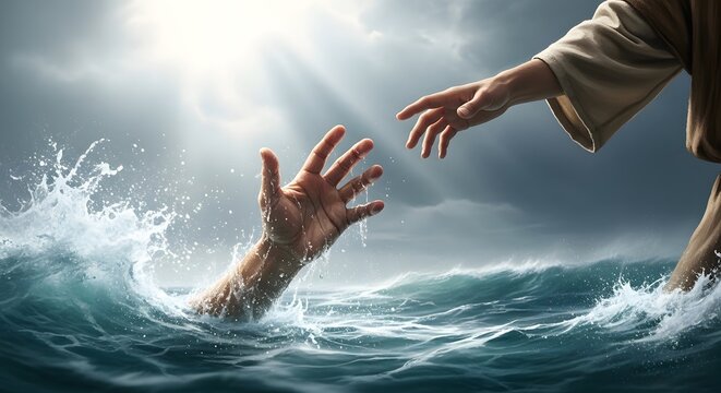 A dramatic scene of a person being saved from drowning in turbulent waters by a helping hand