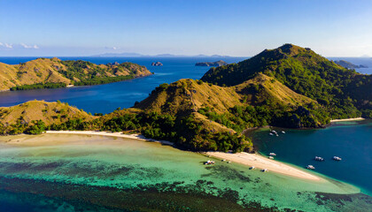 Obraz premium Discover this stunning aerial view of a pristine white sand beach, turquoise waters, and lush island hills. A serene, must-see escape for travel lovers and nature enthusiasts.