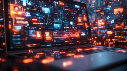 Obraz premium futuristic laptop with glowing orange and blue data interfaces and code-filled screens conveying intense high-tech immersion