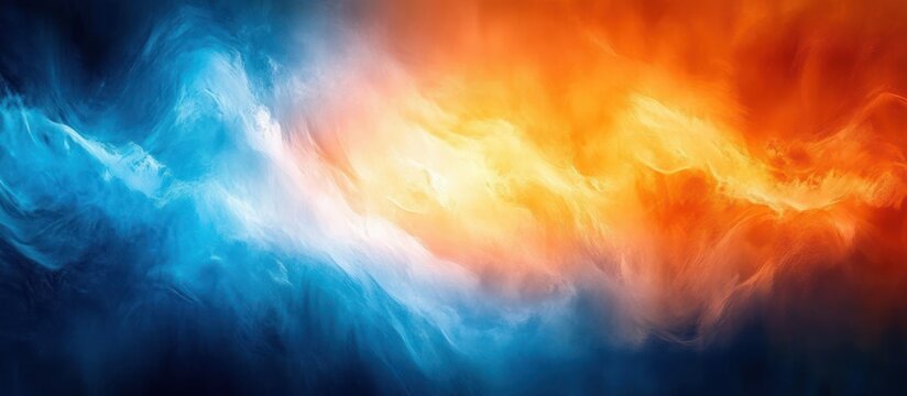 Blue and orange swirling abstract clouds merging in a luminous burst, evoking calm and intense energy