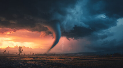 Twisting tornado funnel in countryside landscape.